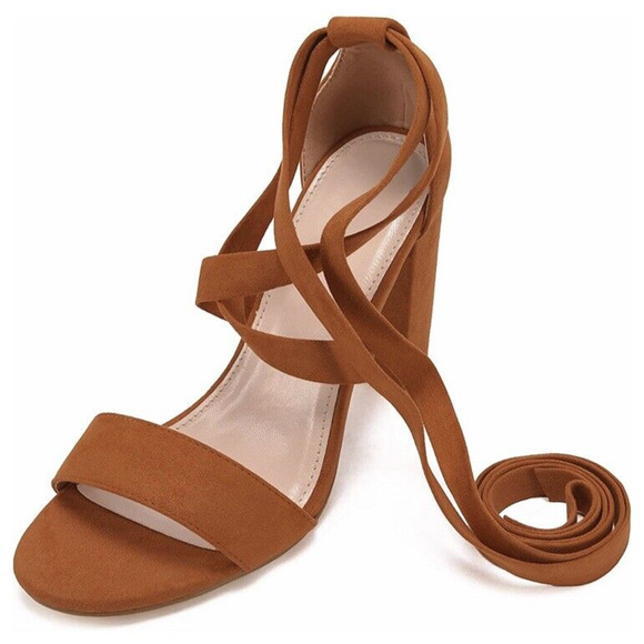 Womens High Heel Lace Up Strappy Suede Sandals Size 7 Brown Camel Block Heel - Picture 5 of 11
